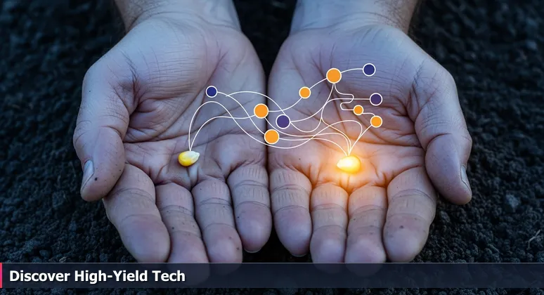 Close-up of weathered farmer's hands in Des Moines, IA, holding two corn seeds against rich dark soil at dawn, symbolizing tech career choices between common and high-yield paths.