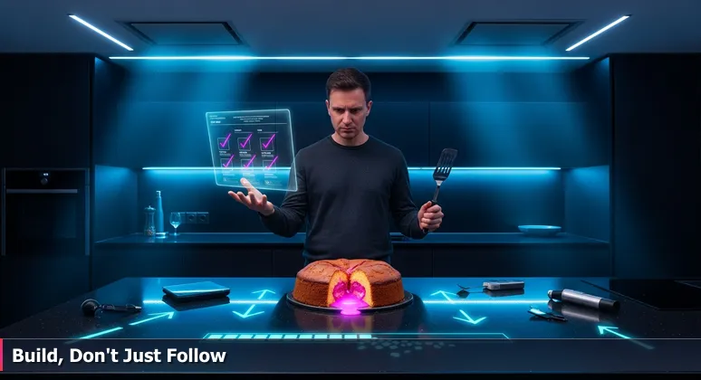 A frustrated person in a modern Des Moines kitchen holds a 'Perfect Cake' recipe card, with a sunken cake on the counter, symbolizing the shift from checklist-following to intuitive AI building.