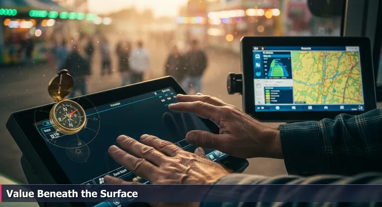 Weathered farmer's hands wiping dust from a high-tech tractor dashboard with digital screens showing AI analytics for soil yield and efficiency at the Iowa State Fair.