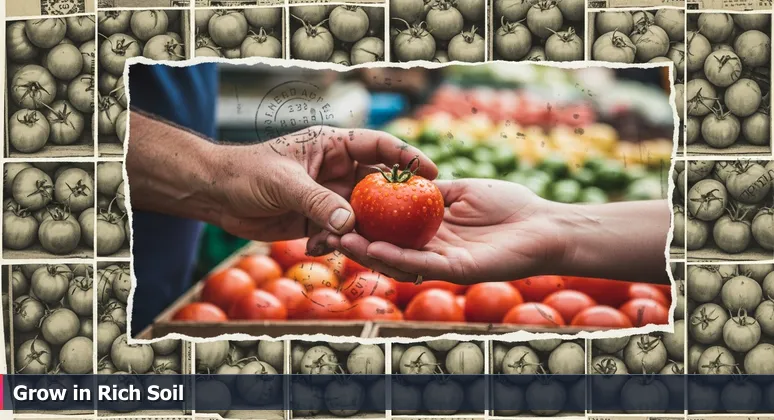 Hands at Des Moines Farmers Market selecting a perfect tomato, symbolizing choosing the best tech career opportunity in Iowa.