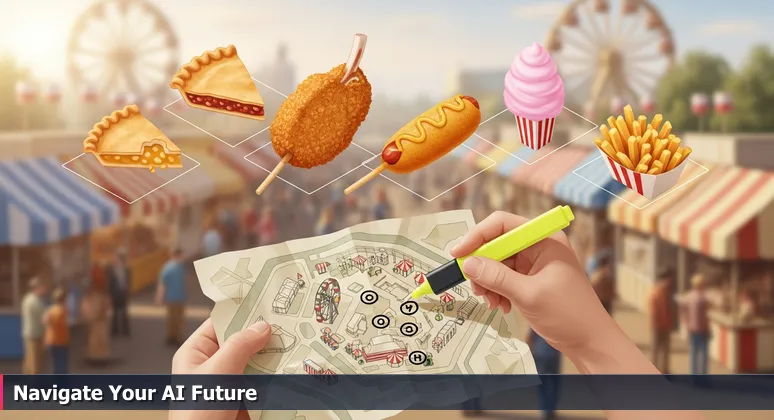 A first-person view at the Iowa State Fair, with a hand holding a map highlighting food stalls, symbolizing AI bootcamp choices in Des Moines.