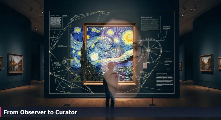 An art gallery with Van Gogh's 'Starry Night' on display; in the reflection, a cybersecurity analyst monitors data streams protecting Des Moines' critical industries.