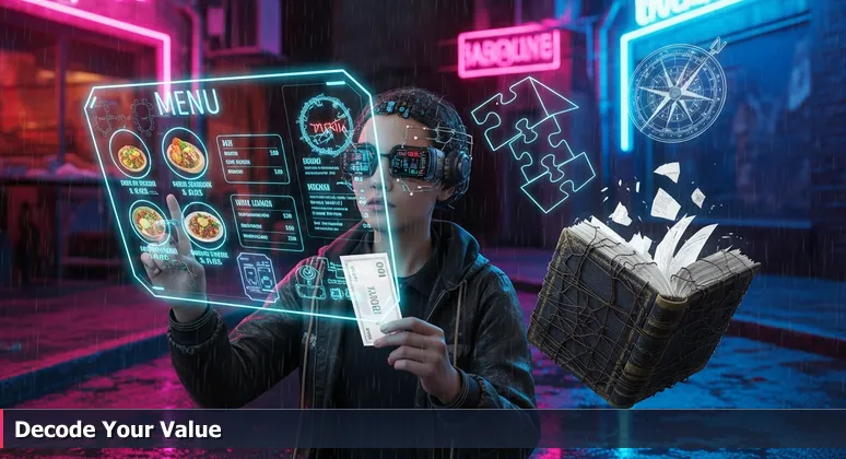 A person squinting at a restaurant menu with identical prices, holding a $100 bill, representing the value uncertainty in tech career choices in Des Moines.