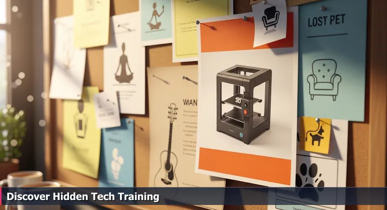 A close-up of a worn community bulletin board in a Des Moines coffee shop, with overlapping flyers including a new one for a free 3D printing workshop.