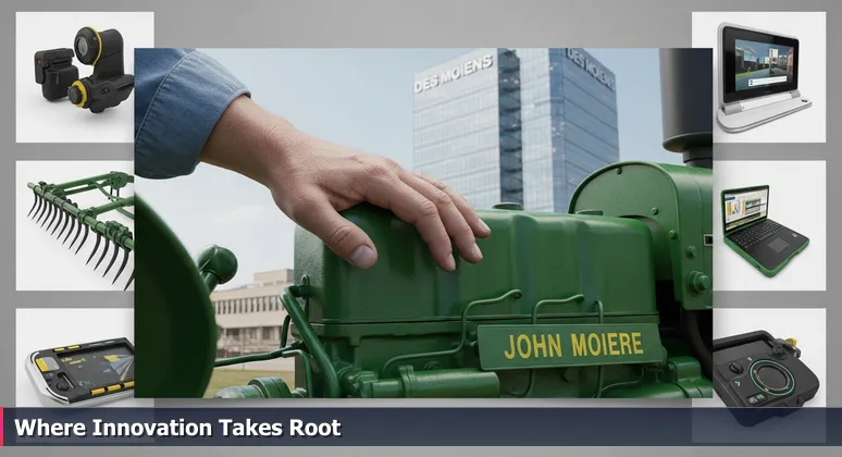 A weathered farmer's hand rests on a green John Deere tractor, with a modern glass office tower in Des Moines reflected in the side mirror, symbolizing AI integration in traditional industries.