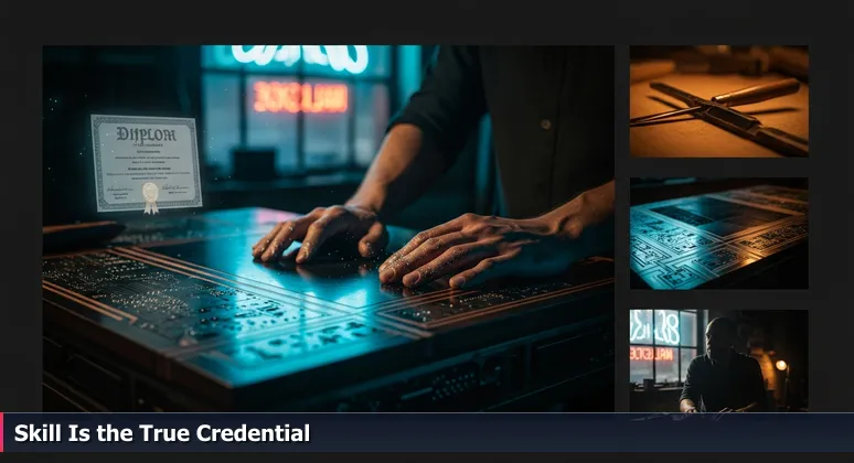Close-up of weathered carpenter hands with sawdust on a finished oak desk, with a diploma framed in the background, symbolizing skill over credentials.