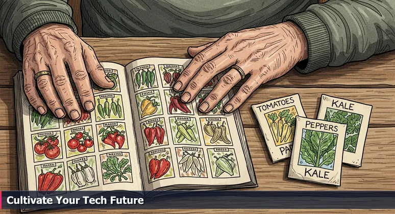 A gardener's weathered hands carefully selecting seed packets from a catalog on a rustic wooden table, symbolizing career choices in tech.