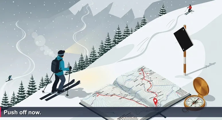 A first-time skier stands at the top of a steep mogul run in the Julian Alps, with a trail sign reading 'KRANJSKA GORA - EXPERT ONLY', symbolizing the challenge of starting an AI career.