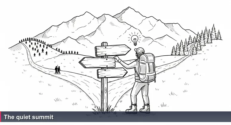 A hiker stands at a trail fork in the Julian Alps, with signs pointing to 'Popular Peak' and 'Hidden Summit', contemplating which path to take.
