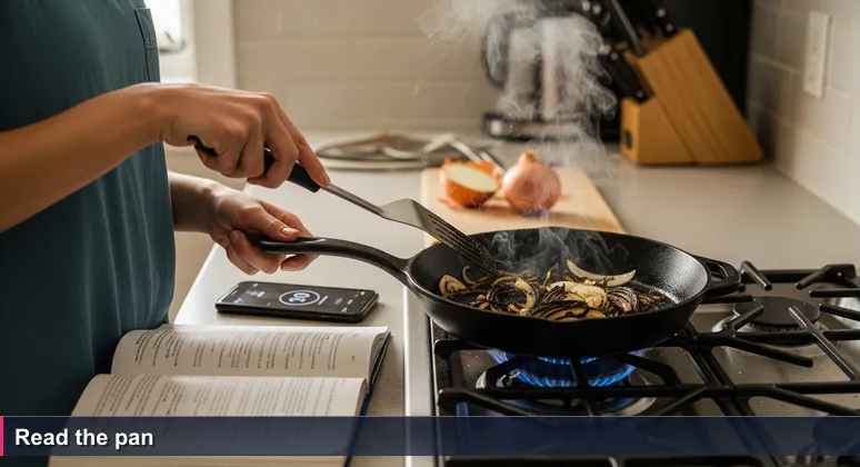 A home cook stands at a stove with a recipe book open, onions burning in a pan, a phone timer running, and a spatula hovering in frustration