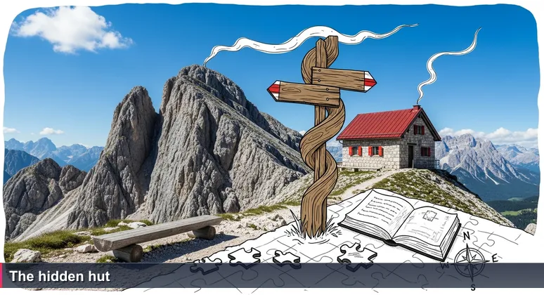 A hiker standing on a rocky ridge in the Julian Alps, looking down at a small stone hut with a red roof and smoke rising from the chimney, a wooden bench beside it.