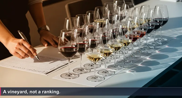 A wine steward's hand hovering over a scorecard at a tasting table with various wines, symbolizing the challenge of ranking Slovenia's diverse AI startups.