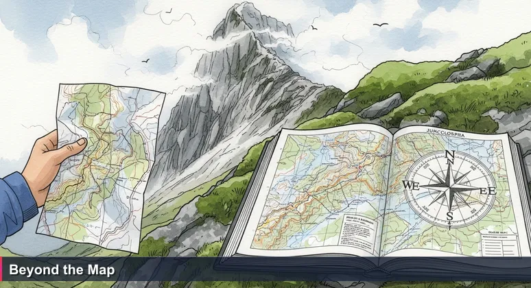 Hiker at trail junction in Julian Alps with crumpled map, looking up at steep climb, symbolizing gap between salary charts and real compensation on the ground.