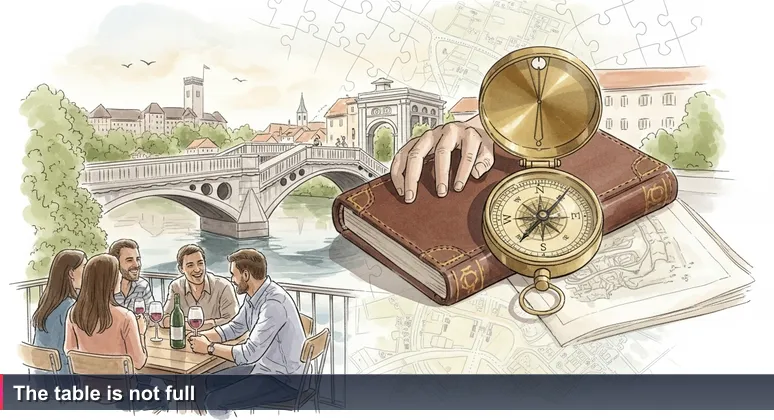 A person stands on the Triple Bridge in Ljubljana at golden hour, pausing to look down at a lively riverside table with people laughing and a bottle of wine, symbolizing the threshold to the AI community.
