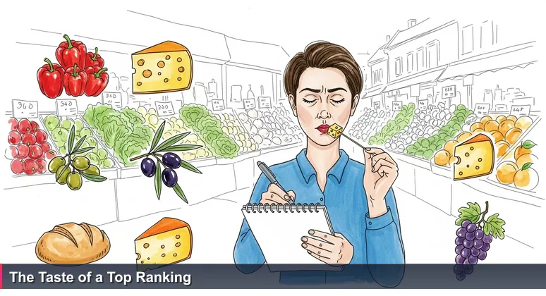 A food critic at Ljubljana's Central Market closes her eyes while tasting a cube of cheese on a toothpick, holding a notepad with a pen, surrounded by colorful produce stalls.