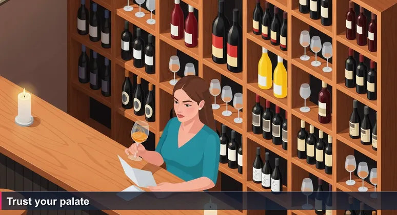 Young woman in Ljubljana wine bar swirling a glass of Rebula, holding a tasting card with numbered stars, furrowed brow