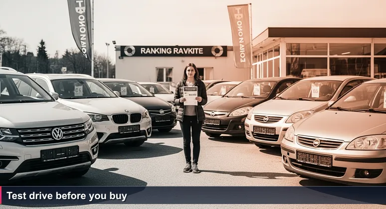 Young woman in windbreaker at a Ljubljana used car lot, holding a ranking list, standing between two cars, contemplating which one to choose.