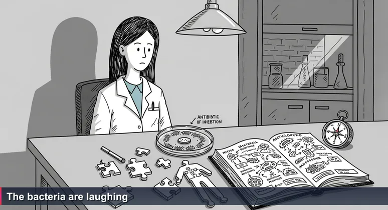 A doctor in a white coat stares at a petri dish with bacterial colonies resistant to an antibiotic disk, symbolizing the cybersecurity skills gap in Slovenia.