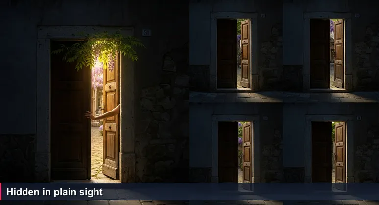 An unmarked wooden door on a narrow Ljubljana street partially ajar, revealing a sunny courtyard with wisteria and stone walls, a hand pushing it open.