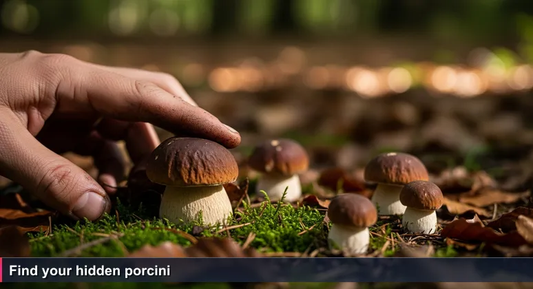 A close-up of a hand pushing aside damp leaves and moss in a Slovenian forest to reveal a dark brown porcini mushroom, symbolizing hidden career opportunities.