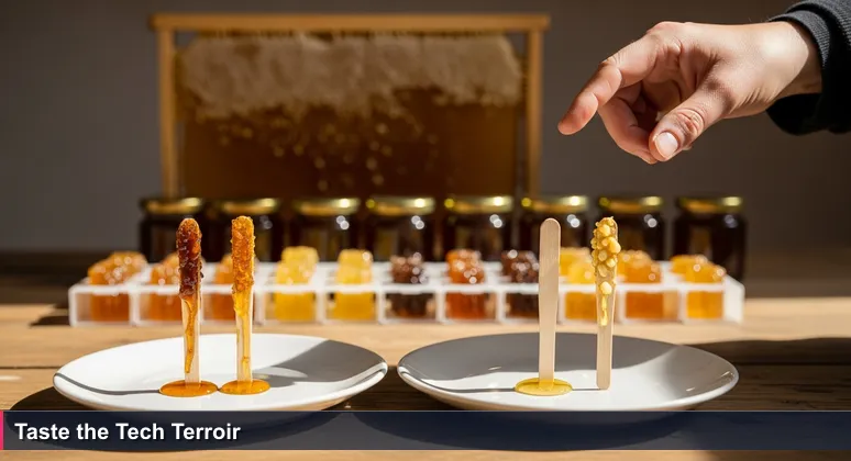 A hand hesitates over two honey-tasting sticks on a wooden counter at a Slovenian farmhouse, with a beekeeper in profile waiting for a verdict.