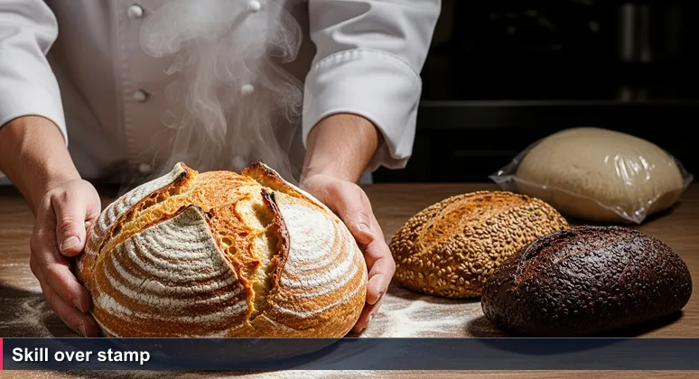 A baker in a warm kitchen pulls a perfectly golden loaf from a stone oven. No diploma on the wall; only skill and craft on display.