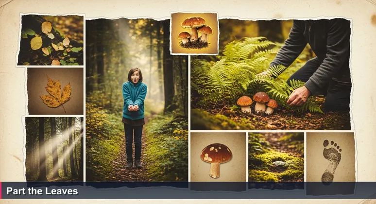 A young person standing on a forest path, while an older figure kneels and parts ferns to reveal hidden porcini mushrooms near Ljubljana.