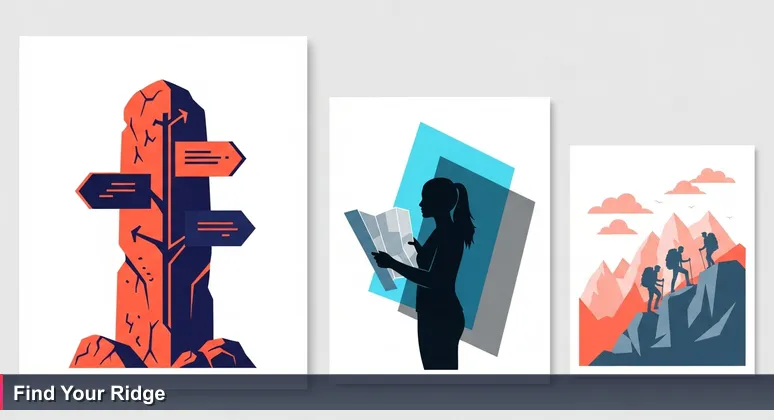 A woman holding a map stands at a trail marker in the Julian Alps, as a group of hikers crests a ridge in the distance, symbolizing the choice between going alone or joining a community in Slovenia's tech scene.