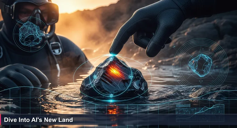 A diver's hand near a steaming black obsidian rock in Icelandic waters, symbolizing the start of an AI career in a unique landscape.