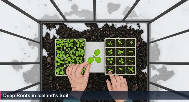 A gardener's weathered hands selecting green seedlings in a greenhouse, with Iceland's volcanic landscape visible through the glass, symbolizing AI startup growth in a unique ecosystem.