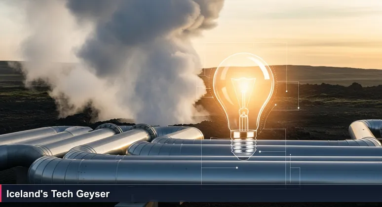 Geothermal borehole in Reykjanes peninsula, Iceland, with steam channeled into pipes at dawn, symbolizing tech innovation