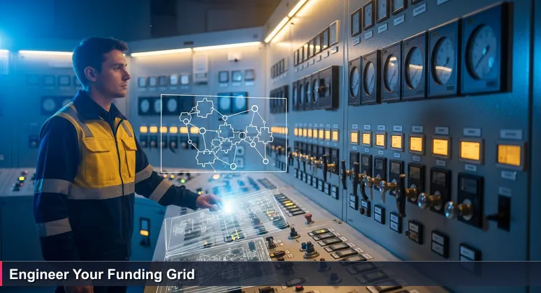 A technician in a geothermal plant control room operating a panel with multiple gauges, symbolizing strategic funding for tech training in Iceland.