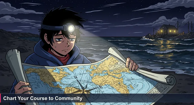 A lone figure on a dark Icelandic shore studies a nautical chart under a headlamp, with a warm, lit hut glowing in the distance symbolizing community.