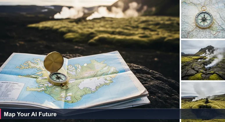 A weathered topographic map of Icelandic highlands on a rocky outcrop with a compass, symbolizing navigation of AI career opportunities in Iceland.