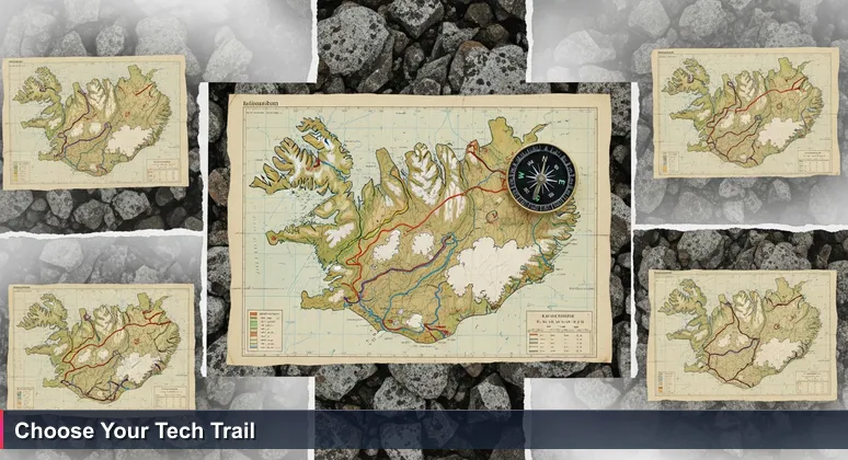 A worn topographic map of Iceland with a compass, symbolizing navigation through tech career paths in Reykjavík.
