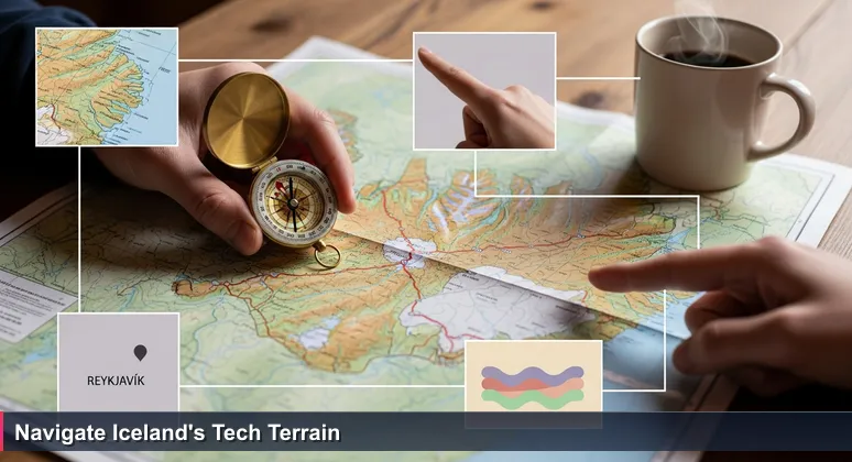 A weathered topographic map of Iceland on a wooden table, with a compass and coffee cup, symbolizing career navigation in tech.