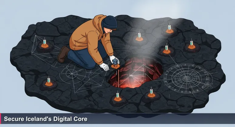 Geothermal seismologist on Iceland's Reykjanes peninsula placing a sensor into a volcanic fissure, symbolizing specialized cybersecurity monitoring of digital landscapes.