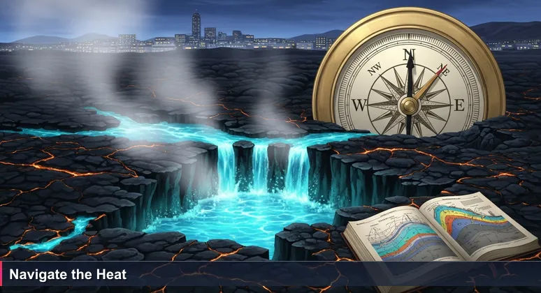 Turquoise geothermal water bubbling through black lava field with steam, Reykjavík cityscape blurred in the background