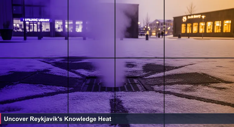 Close-up of Reykjavík sidewalk in winter with geothermal steam rising from a grate, bare asphalt patch amid snow, and a lit public library in the background
