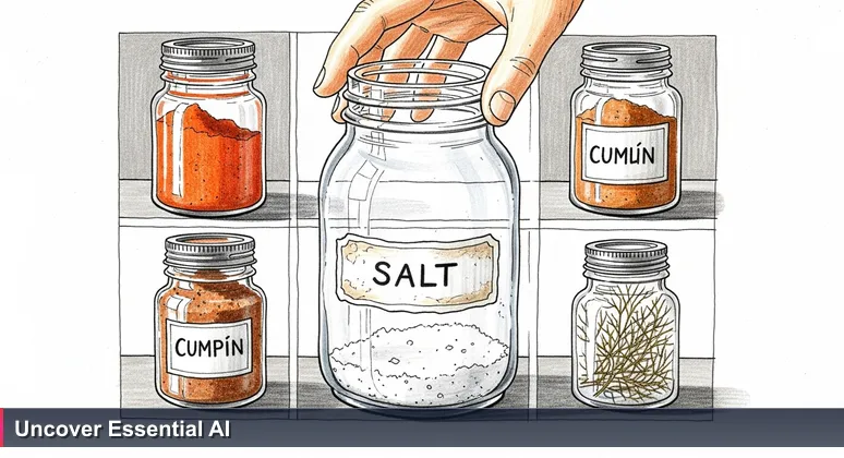 Close-up of a rustic wooden spice rack in a Reykjavík kitchen, with a hand selecting a jar of salt, symbolizing essential AI opportunities in Iceland's traditional sectors.