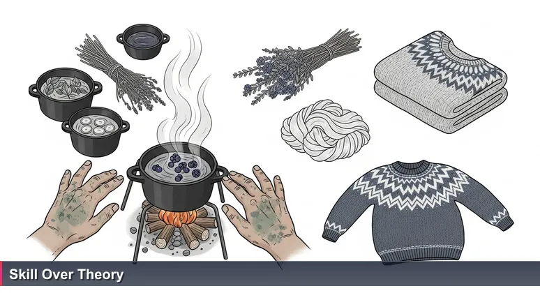 Close-up of an Icelandic wool dyer's hands testing dye heat, with raw wool and a finished sweater symbolizing skill over theory.