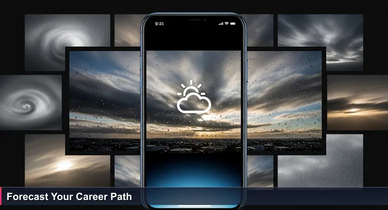 A smartphone on a Reykjavík windowsill displays the Veður weather app with a simple sun icon, while through the window, the actual sky shows complex clouds and sunlight over Mount Esja.