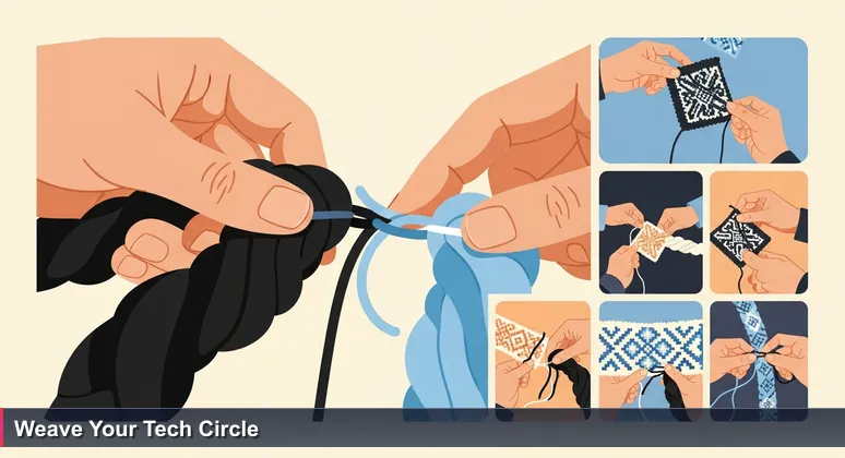 Hands holding volcanic black and glacier blue wool strands in an Icelandic knitting circle, symbolizing connection in women's tech networks in Iceland.