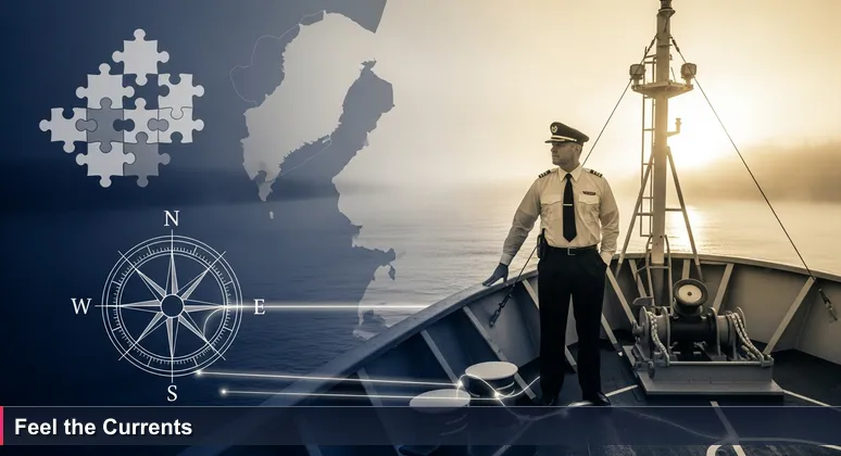 A harbor pilot navigating a container ship at dawn in the Port of Tacoma, symbolizing the intuitive skills needed for a successful AI career in 2026.