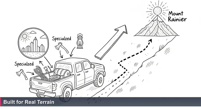 A rugged pickup truck loaded with tools drives on a gravel road towards Mount Rainier, with a distant city skyline in the rearview mirror, symbolizing Tacoma's practical tech career path.