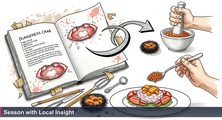 An open, splattered cookbook with a Dungeness crab recipe, with a hand holding vibrant orange sea urchin roe from Tacoma waterfront, symbolizing adding local insight to AI engineering.
