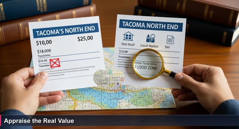 Close-up of hands comparing two real estate listings for Tacoma Craftsman homes, symbolizing the hidden details in AI salary offers for 2026.