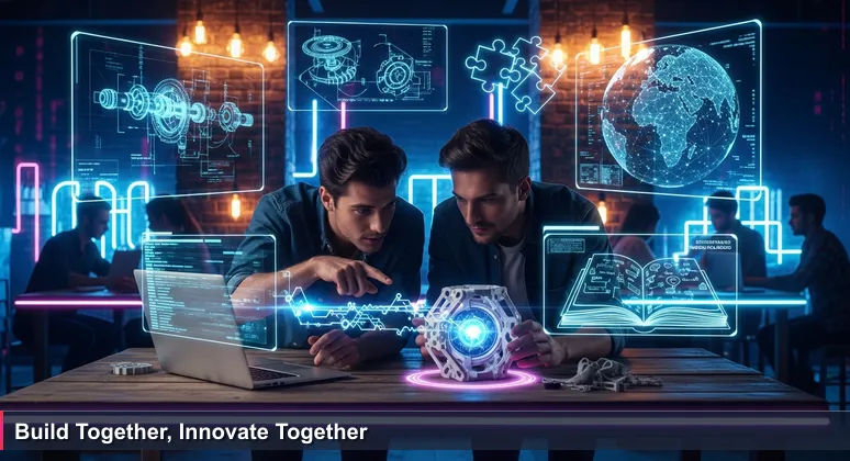 Two individuals collaborating on a laptop at the Beaker Collaborative in Tacoma, focused on an AI prototype with a 3D-printed model nearby.