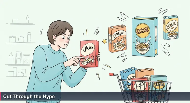 A person looking overwhelmed in a grocery cereal aisle, with boxes labeled as AI career options like Infoblox and MultiCare, representing the choice paralysis in Tacoma's job market.