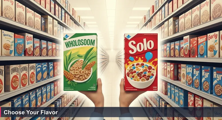 A first-person view of a supermarket cereal aisle with a hand hovering between two cereal boxes, symbolizing the choice of tech career paths in Tacoma.
